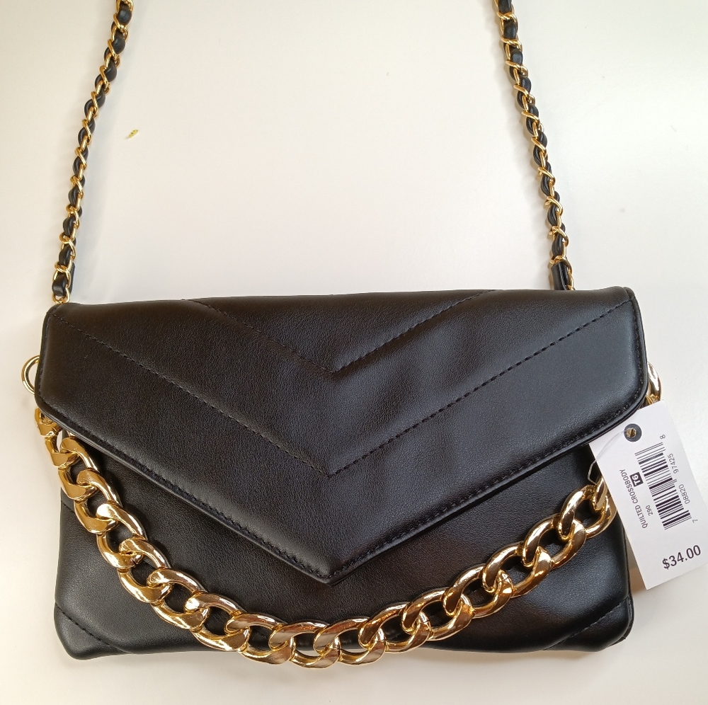 ophelia roe quilted crossbody Black with Gold Color Chain.